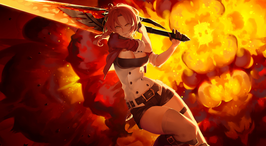 &gt;:) 1girl belt benghuai_xueyuan breasts chains cici cleavage cropped_jacket explosion hair_intakes highres holding holding_sword holding_weapon honkai_impact huge_weapon jacket large_breasts looking_at_viewer murata_himeko open_clothes open_jacket parted_lips red_jacket redhead short_shorts shorts sleeves_rolled_up smile solo sword thigh-highs thigh_strap underbust weapon white_legwear yellow_eyes