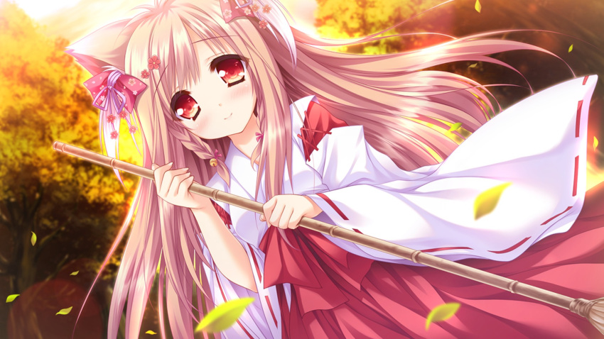 1girl dutch_angle eyebrows_visible_through_hair forest hakama highres holding japanese_clothes leaf light_brown_hair long_hair looking_at_viewer miko moekibara_fumitake nature outdoors red_eyes red_hakama smile solo tayutama_2 tree