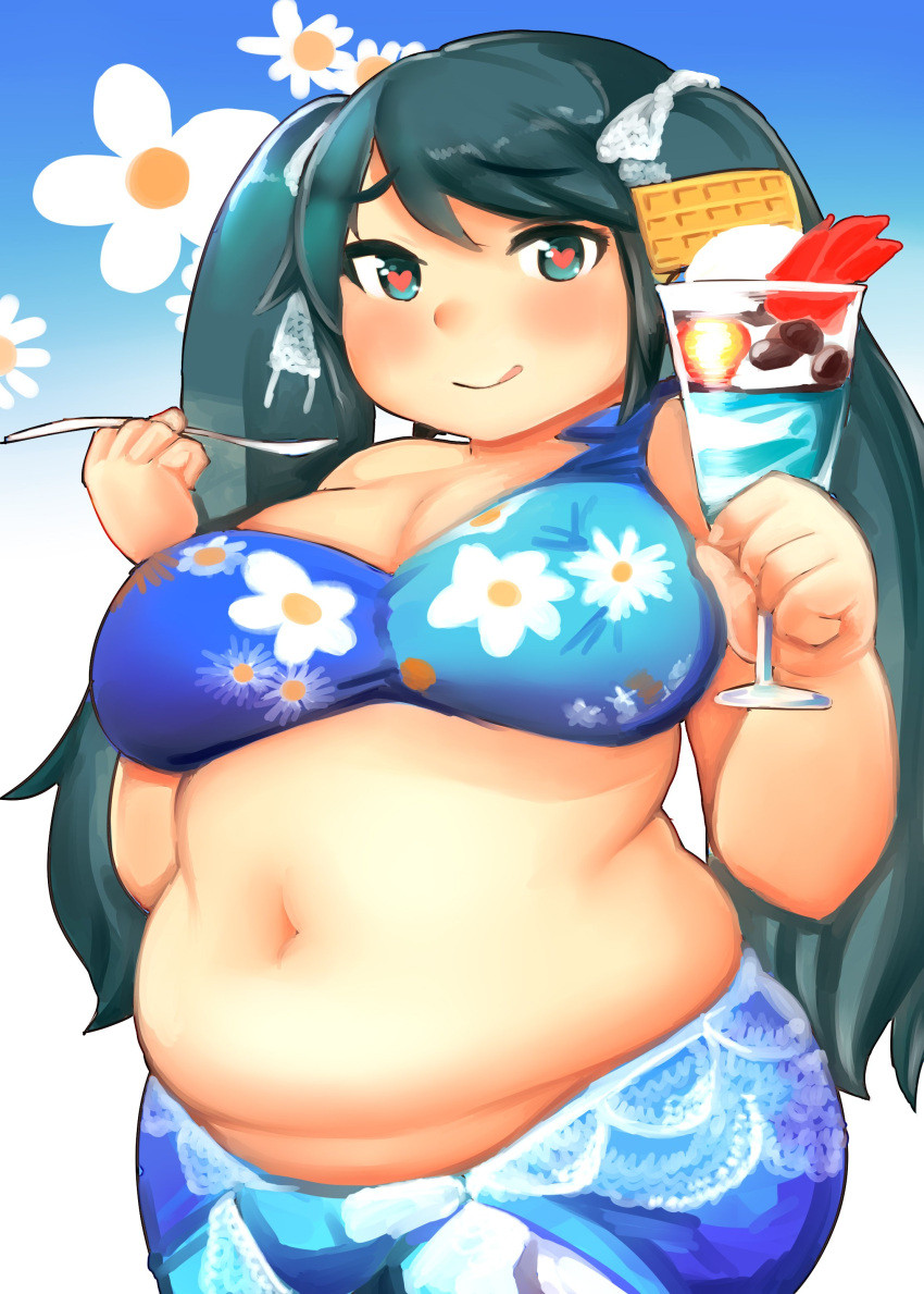 1girl :q absurdres aqua_eyes aqua_hair bangs bikini blue_bikini blush breasts closed_mouth eyebrows_visible_through_hair fat floral_background floral_print food fusa_(starless2323) gradient gradient_background hair_ribbon heart heart-shaped_pupils highres holding holding_food holding_spoon isuzu_(kantai_collection) kantai_collection large_breasts long_hair looking_at_viewer navel parfait plump ribbon sarong smile solo swept_bangs swimsuit symbol-shaped_pupils tongue tongue_out twintails very_long_hair white_ribbon