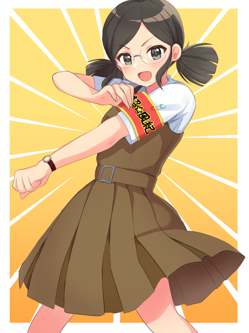1girl black_eyes black_hair blush border breasts brown_dress cowboy_shot dot_nose dress emphasis_lines glasses hand_up highres idolmaster idolmaster_cinderella_girls idolmaster_cinderella_girls_starlight_stage kahiika looking_at_viewer open_mouth outside_border pleated_skirt print_sash red_sash saejima_kiyomi safety_pin sash school_uniform shirt short_hair short_sleeves short_twintails simple_background skirt small_breasts smile solo standing text_print twintails v-shaped_eyebrows watch watch white_border white_shirt yellow_background