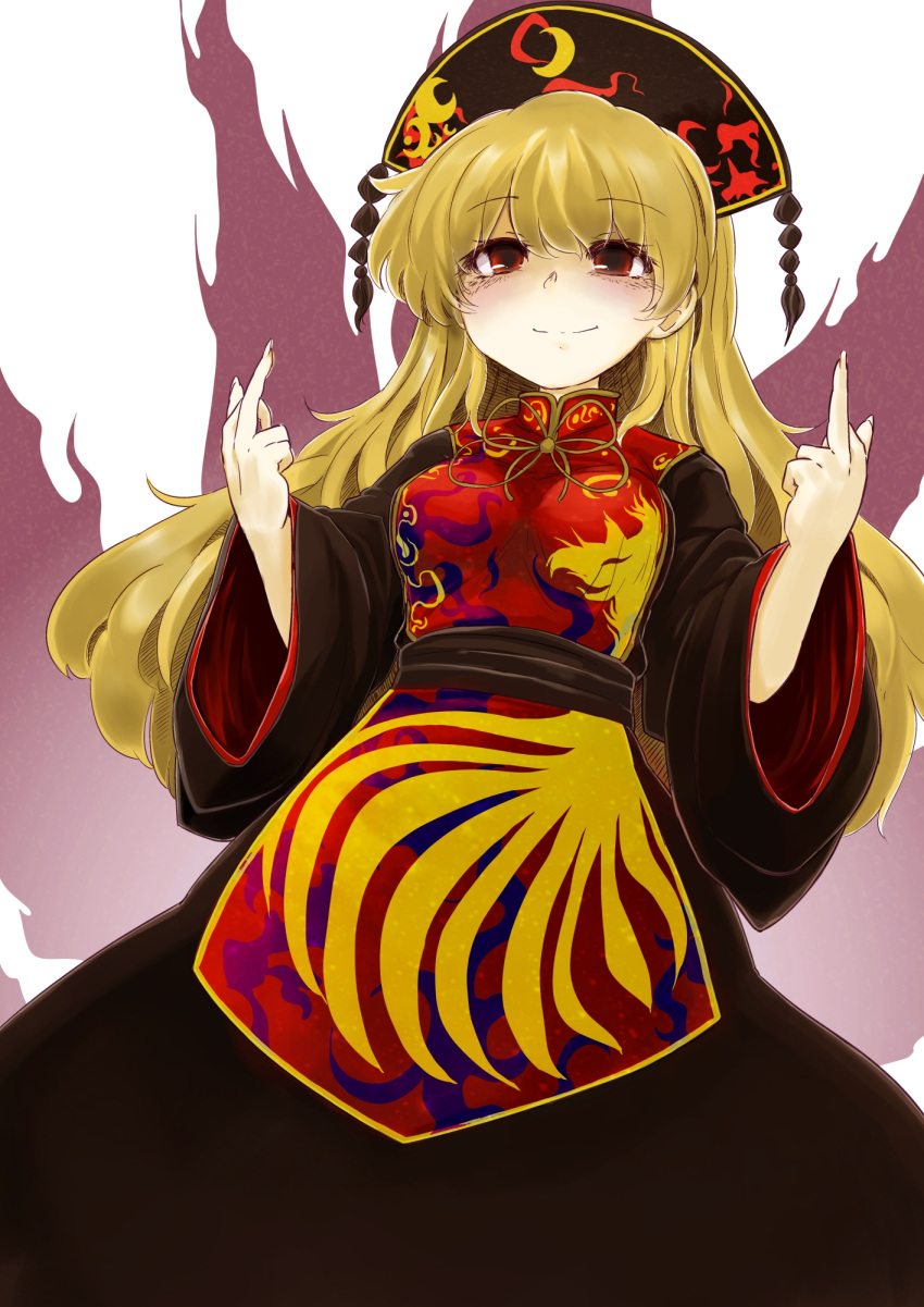 1girl azumaya_toushirou black_dress blonde_hair chinese_clothes dress eyebrows_visible_through_hair highres junko_(touhou) long_hair long_sleeves middle_finger red_eyes sash smile tabard touhou very_long_hair wide_sleeves