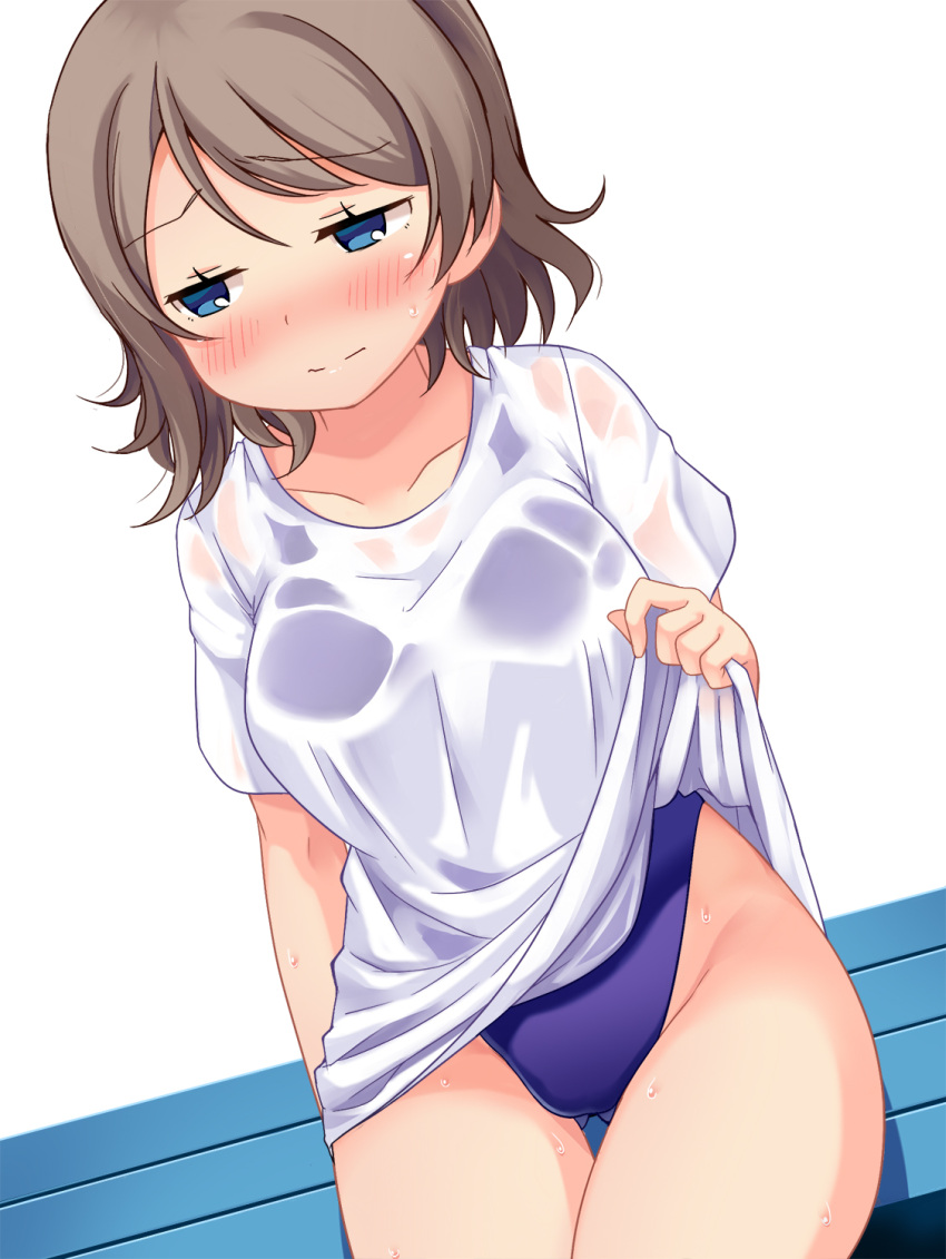 1girl bench blue_eyes blush brown_hair competition_swimsuit gluteal_fold highleg highleg_swimsuit highres love_live! love_live!_sunshine!! one-piece_swimsuit robin16 see-through shirt short_hair sitting swimsuit swimsuit_under_clothes t-shirt translated watanabe_you wet wet_clothes wet_shirt wet_t-shirt white_shirt
