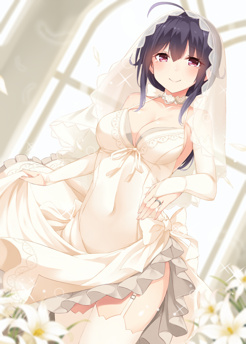 1girl ahoge blush breasts bridal_gauntlets bridal_veil cleavage covered_navel dress flower garter_straps highres jewelry kantai_collection large_breasts lily_(flower) long_hair looking_at_viewer note_(aoiro_clip) ring smile solo taigei_(kantai_collection) tears thigh-highs veil wedding_band wedding_dress white_dress white_legwear