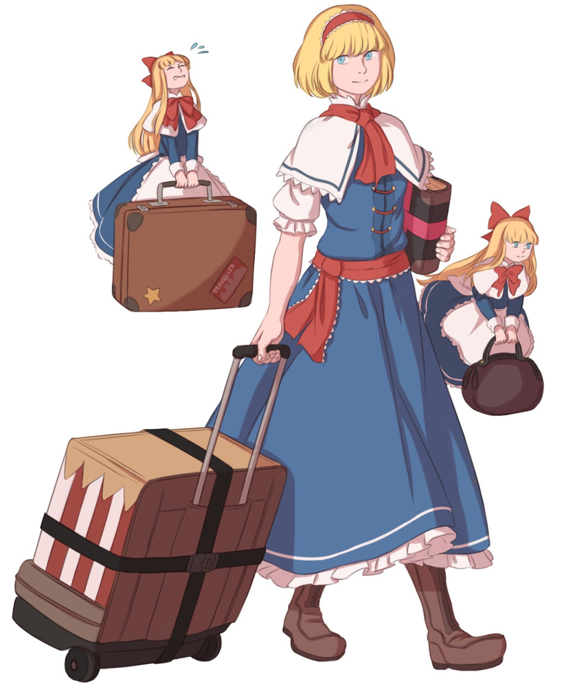 3girls alice_margatroid bag blonde_hair blue_eyes book boots bow bowtie capelet closed_eyes commentary full_body hair_bow hairband handbag highres long_hair long_sleeves luggage mefomefo multiple_girls shanghai_doll short_hair smile touhou walking white_background