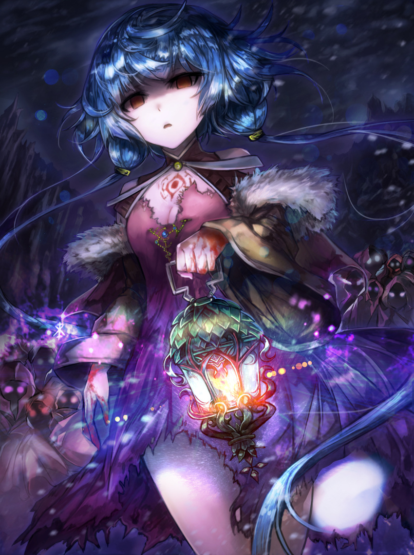 1girl blank_eyes blood bloody_hands blue_hair breasts brown_eyes chest_tattoo cleavage david_lee dress fire glowing glowing_eyes highres holding_lantern lantern lens_flare long_hair low_twintails medium_breasts night original outdoors parted_lips pink_dress pink_eyes red_eyes shaded_face snow solo_focus standing tattoo torn_clothes torn_dress twintails very_long_hair white_eyes wind