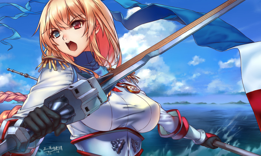 &gt;:d 1girl :d anchor artist_name banner black_gloves blonde_hair blue_background blue_eyes blue_sky braid breasts clouds dated epaulettes erect_nipples eyelashes flag gauntlets gloves heterochromia holding holding_flag holding_weapon icqoo jeanne_d'arc_(zhan_jian_shao_nyu) long_hair looking_to_the_side machinery medal ocean open_mouth outdoors red_eyes shirt sky smile solo sword teeth upper_body water weapon white_shirt zhan_jian_shao_nyu