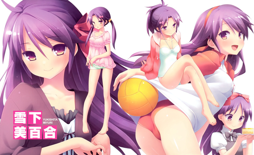 1girl absurdres ass bloomers blush cafe_sourire collarbone dress gayarou gym_uniform hair_ornament hairband highres legs legs_crossed long_hair looking_at_viewer open_mouth puffy_short_sleeves puffy_sleeves purple_hair short_sleeves smile solo swimsuit twintails underwear violet_eyes volleyball white_swimsuit yukishita_miyuri