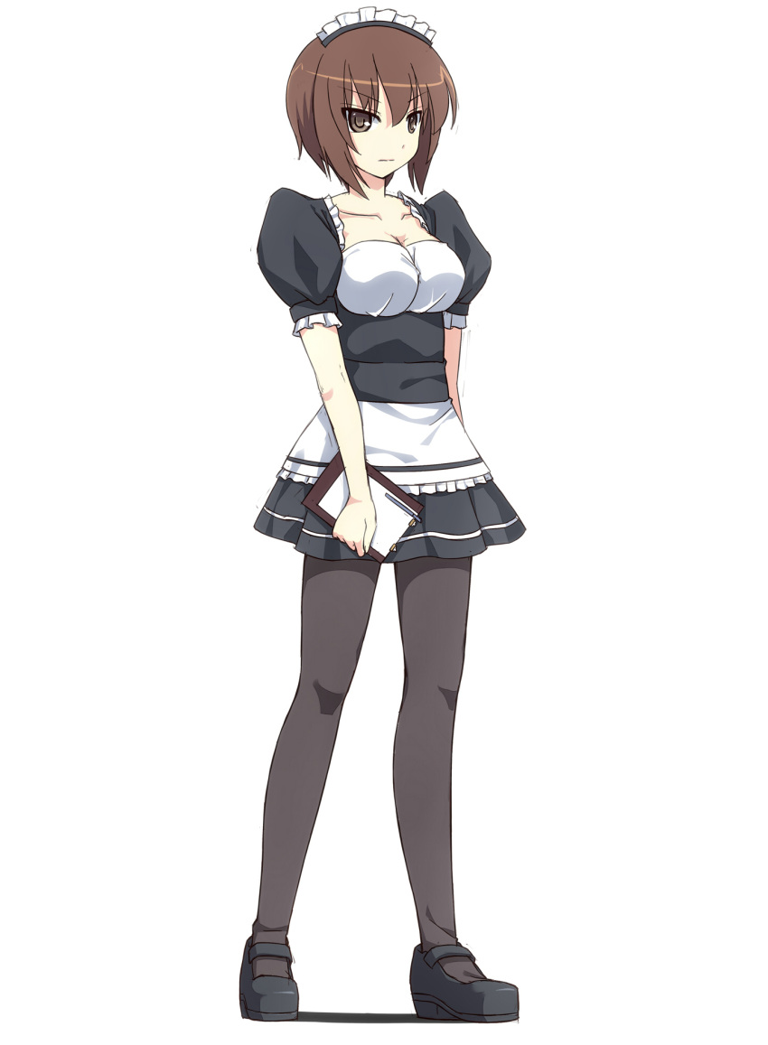 1girl alternate_costume bangs black_dress black_legwear black_shoes breasts brown_eyes brown_hair clipboard closed_mouth collarbone dress enmaided frilled_dress frills full_body girls_und_panzer highres holding looking_at_viewer maid maid_headdress mary_janes medium_breasts nishizumi_maho pantyhose puffy_short_sleeves puffy_sleeves shoes short_dress short_hair short_sleeves simple_background solo srwsrx_(gp03dsrx) standing white_background