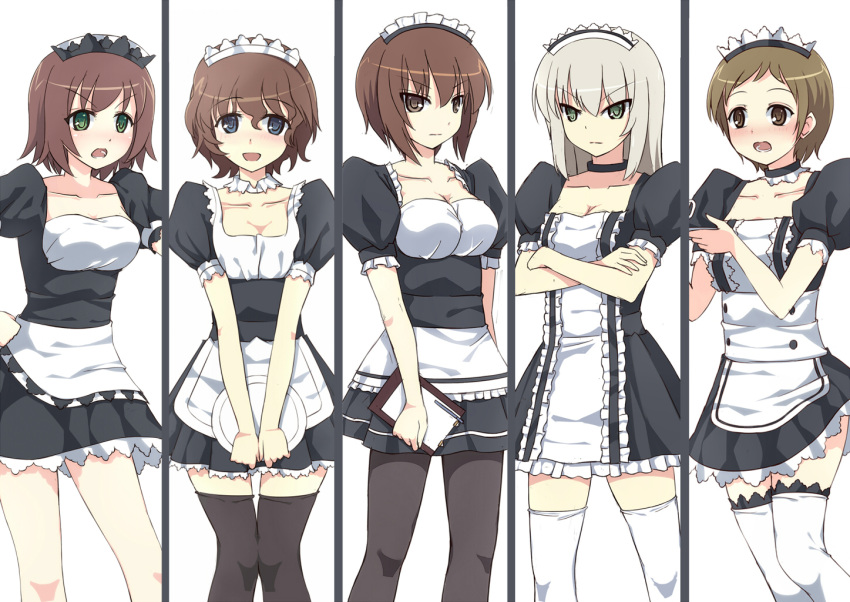 5girls akaboshi_koume alternate_costume angry apron bangs black_dress black_legwear blue_eyes blush breasts brown_eyes brown_hair choker cleavage clipboard closed_mouth collarbone cowboy_shot crossed_arms dress enmaided female frilled_dress frills girls_und_panzer happy holding itsumi_erika lace lace-trimmed_dress lace-trimmed_thighhighs looking_at_viewer maid maid_apron maid_headdress mauko_(girls_und_panzer) medium_breasts multiple_girls nishizumi_maho open_mouth pantyhose puffy_short_sleeves puffy_sleeves ritaiko_(girls_und_panzer) short_dress short_sleeves silver_hair smile srwsrx_(gp03dsrx) standing thigh-highs tray white_background white_legwear zettai_ryouiki