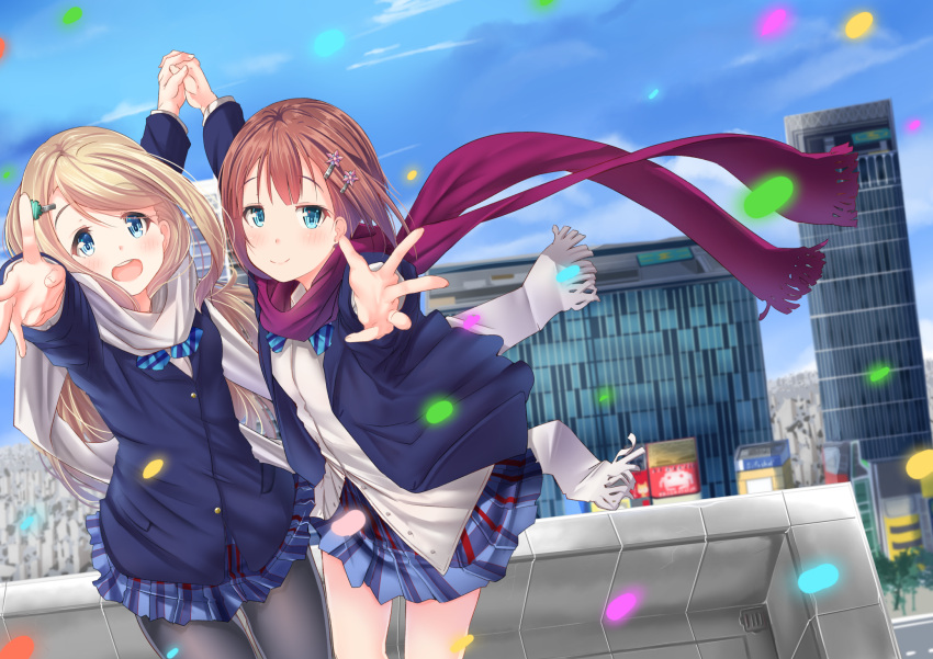2girls :o ayase_arisa bangs black_legwear blazer blonde_hair blue_bow blue_bowtie blue_eyes bow bowtie brown_hair building commentary_request confetti cover cover_page doujin_cover flower hair_flower hair_ornament hairpin hand_holding highres jacket kousaka_yukiho long_hair long_sleeves looking_at_viewer love_live! love_live!_school_idol_project mad_(hazukiken) miniskirt multiple_girls outstretched_hand pantyhose plaid plaid_skirt red_scarf scarf school_uniform short_hair skirt skyscraper smile striped striped_bow striped_bowtie white_scarf