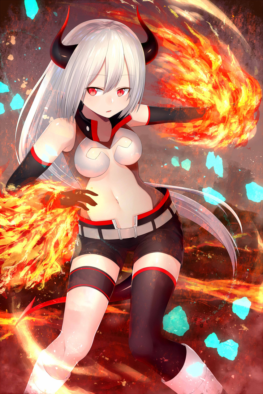 1girl absurdres akky_(akimi1127) belt black_gloves black_legwear boots breasts collared_shirt commentary contrapposto dragon_girl dragon_horns elbow_gloves eyebrows_visible_through_hair fire gloves hair_between_eyes highres horns long_hair looking_at_viewer medium_breasts midriff molten_rock navel original parted_lips red_eyes shirt shorts silver_hair single_thighhigh sleeveless sleeveless_shirt solo thigh-highs thigh_strap thighs very_long_hair