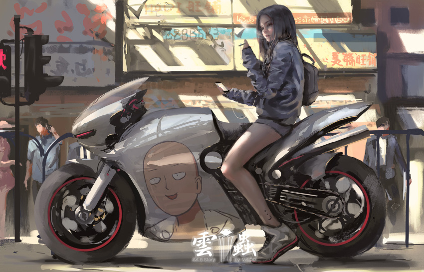 1girl backpack bag brown_hair cellphone cigarette commentary ground_vehicle holding holding_phone itasha jacket long_hair looking_afar motor_vehicle motorcycle one-punch_man original phone road saitama_(one-punch_man) shoes shorts sitting sketch smartphone smoking sneakers solo_focus street wlop