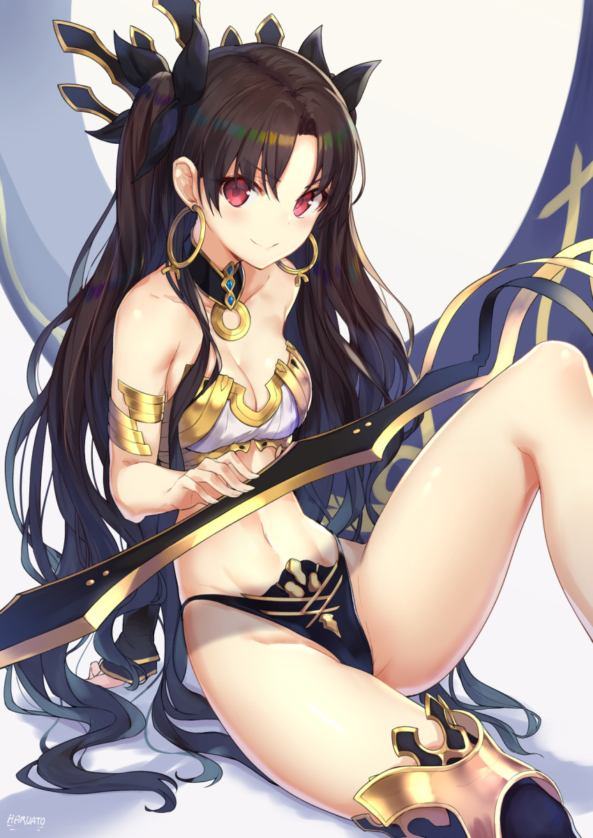 1girl arm_support artist_name asymmetrical_sleeves ato_(haru_ato) bangs bare_shoulders black_hair black_legwear black_panties black_ribbon breasts cleavage closed_mouth collarbone detached_collar detached_sleeves earrings eyebrows_visible_through_hair fate/grand_order fate_(series) flag groin hair_ribbon highres hoop_earrings ishtar_(fate/grand_order) jewelry knee_up leaning_back long_hair long_legs looking_at_viewer medium_breasts navel panties parted_bangs rainbow_order red_eyes ribbon ring shadow shiny shiny_hair single_over-kneehigh single_sleeve sitting smile solo stomach strapless string_panties sword thighlet tohsaka_rin two_side_up underwear very_long_hair weapon white_background