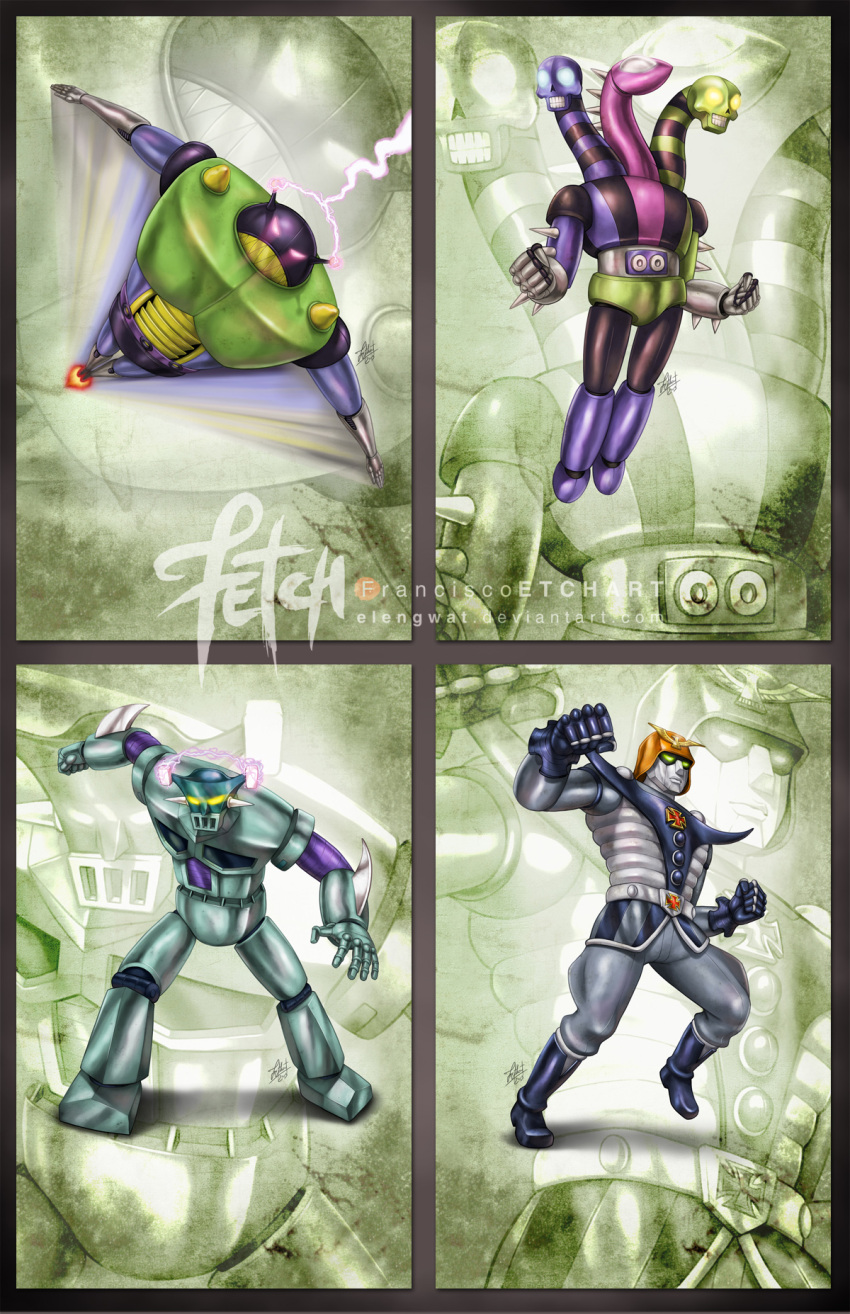 blade boots card card_game claws clenched_hands electricity fangs flying franciscoetchart glowing glowing_eyes gromazen_r9 helmet highres iron_cross mazinger_z mecha robot rocket_launcher science_fiction signature skull tagme watermark weapon