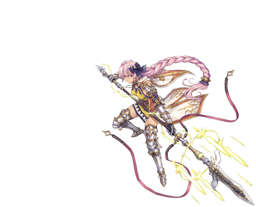 1girl 44ron armor armored_boots boots bow braid capelet floating_hair full_body greaves hair_bow highres holding holding_spear holding_weapon long_hair official_art pink_eyes pink_hair polearm reshia sennen_sensou_aigis solo spear thigh-highs thigh_boots very_long_hair weapon