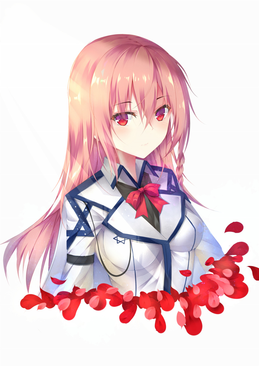 1girl bow braid expressionless farcher girls_frontline hexagram highres long_hair looking_at_viewer negev_(girls_frontline) petals pink_hair red_bow red_eyes shirt solo star_of_david upper_body white_background white_shirt