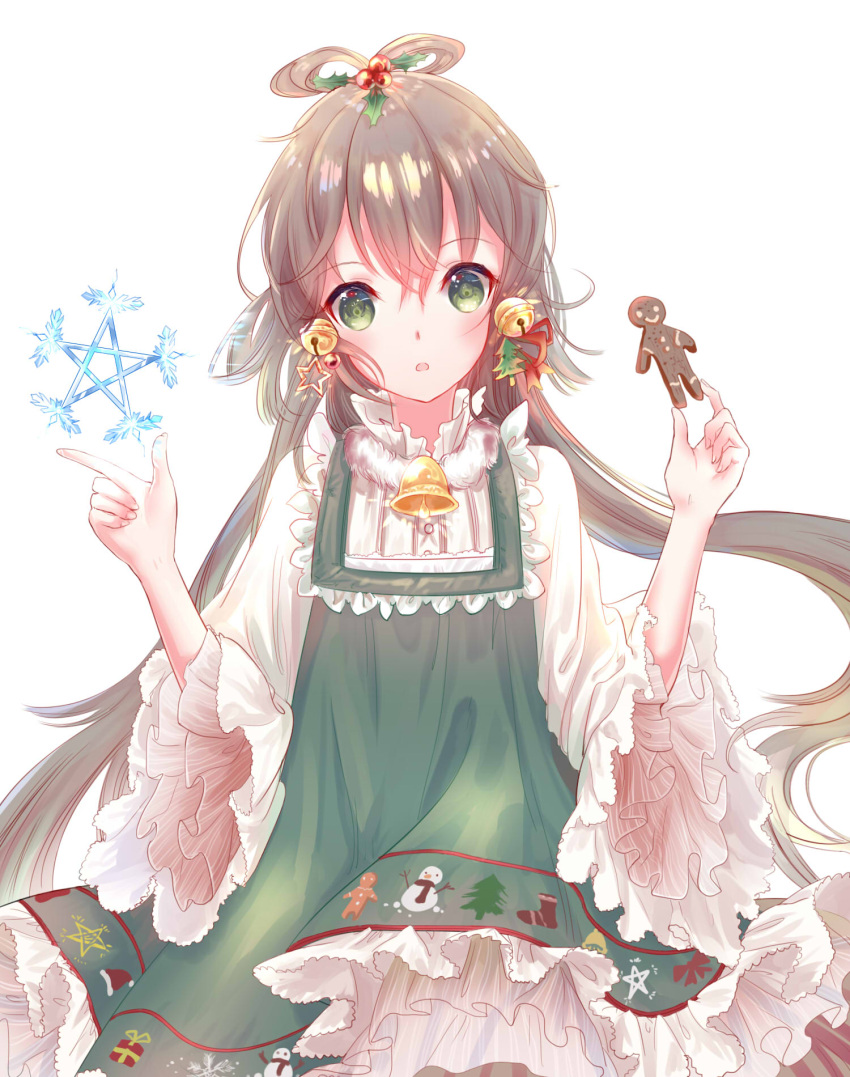 1girl :o bangs bell blush brown_hair dress eyebrows_visible_through_hair fingernails food gingerbread_man green_dress green_eyes hair_bell hair_between_eyes hair_ornament head_tilt hexagram highres holding holding_food long_hair long_sleeves low_twintails luo_tianyi parted_lips shirt sidelocks simple_background solo star star_of_david twintails very_long_hair vocaloid vocanese white_background white_shirt wide_sleeves yaduo