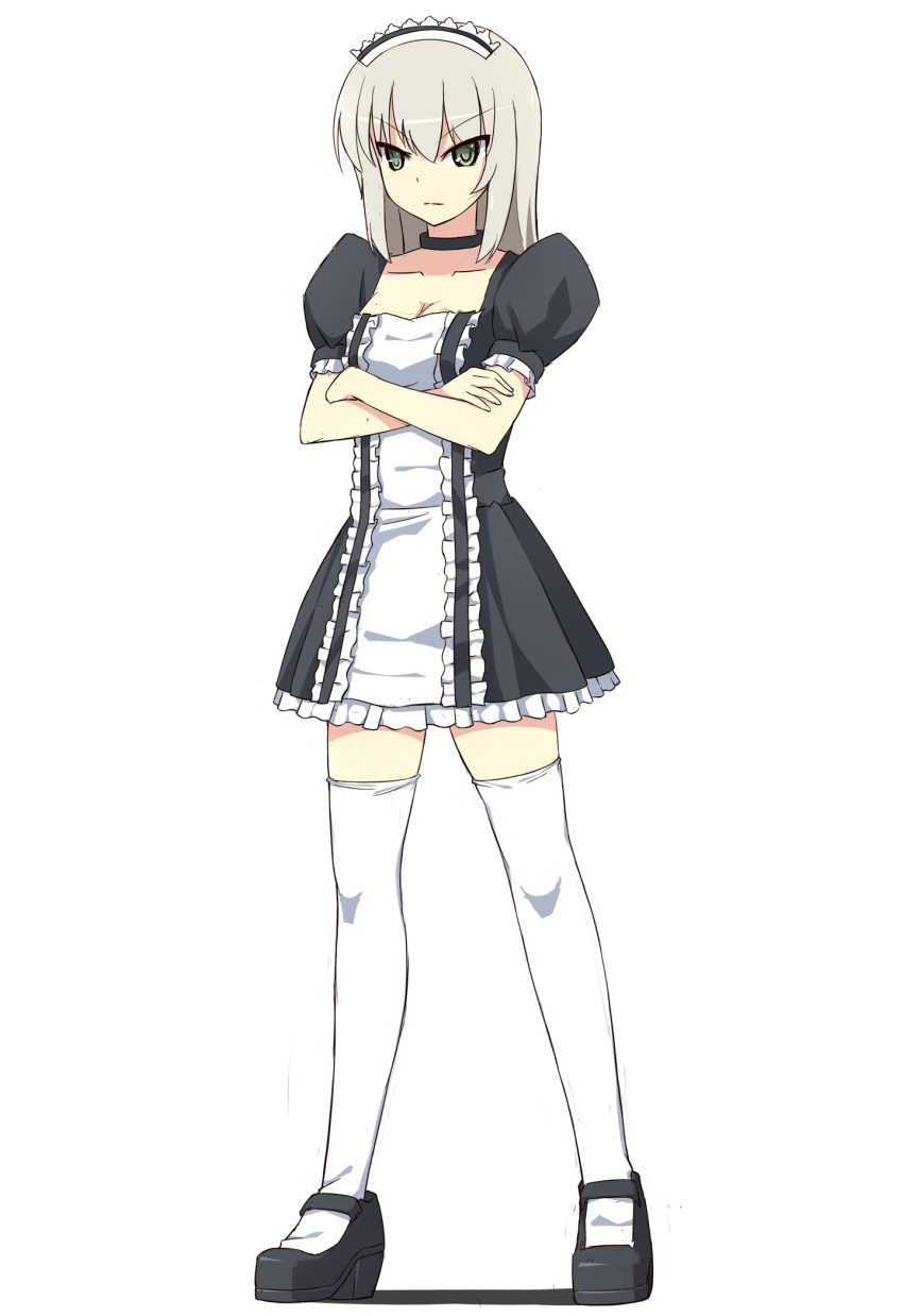 1girl alternate_costume bangs black_dress black_shoes blue_eyes breasts choker cleavage closed_mouth collarbone crossed_arms dress enmaided frilled_dress frills full_body girls_und_panzer highres itsumi_erika long_hair maid maid_headdress mary_janes medium_breasts puffy_short_sleeves puffy_sleeves shoes short_sleeves silver_hair simple_background solo srwsrx_(gp03dsrx) standing thigh-highs white_background white_legwear zettai_ryouiki
