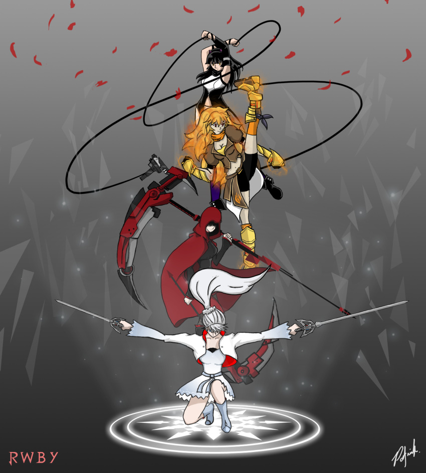 4girls animal_ears black_hair blake_belladonna blonde_hair blue_eyes cape cat_ears cat_girl cloak commentary crescent_rose dual_wielding ember_celica_(rwby) english_commentary fighting_stance gambol_shroud grey_eyes highres holding holding_sword holding_weapon hood hooded_cloak long_hair multicolored_hair multiple_girls myrtenaster patgarci red_cape red_eyes redhead ruby_rose rwby scar scar_across_eye scythe short_hair slit_pupils sword two-tone_hair weapon weiss_schnee white_hair yang_xiao_long yellow_eyes