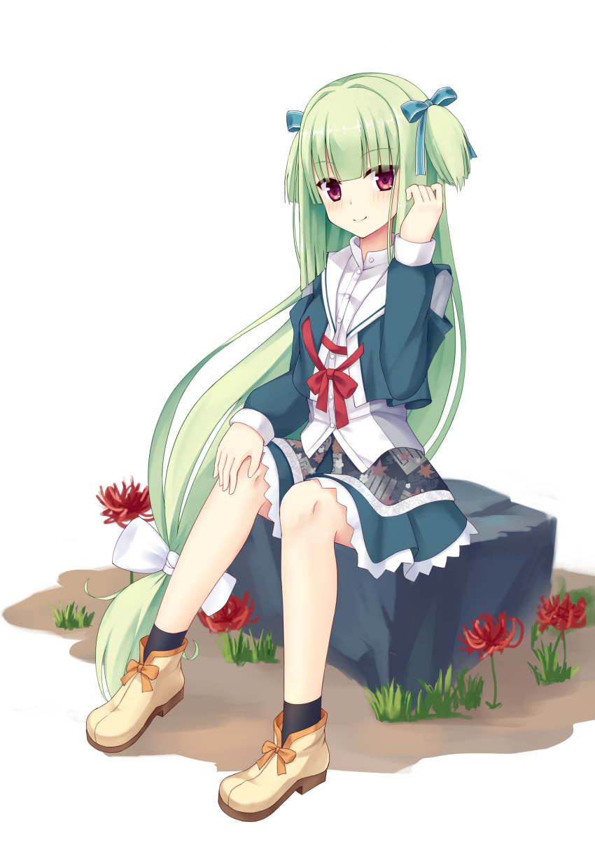 1girl absurdres aqua_jacket aqua_skirt blue_ribbon blunt_bangs blunt_ends blush boots bow chinese_commentary closed_mouth commentary_request eyes_visible_through_hair flower footwear_bow frilled_skirt frills full_body green_hair hair_bow hair_ribbon hand_up highres hime_cut jacket legs long_hair looking_at_viewer miniskirt murasame_(senren) open_clothes open_jacket orange_bow red_eyes red_flower red_ribbon ribbon rock school_uniform senren_banka shirt shu_pian sidelocks simple_background sitting skirt smile solo spider_lily straight_hair two_side_up very_long_hair white_background white_bow white_shirt yellow_footwear