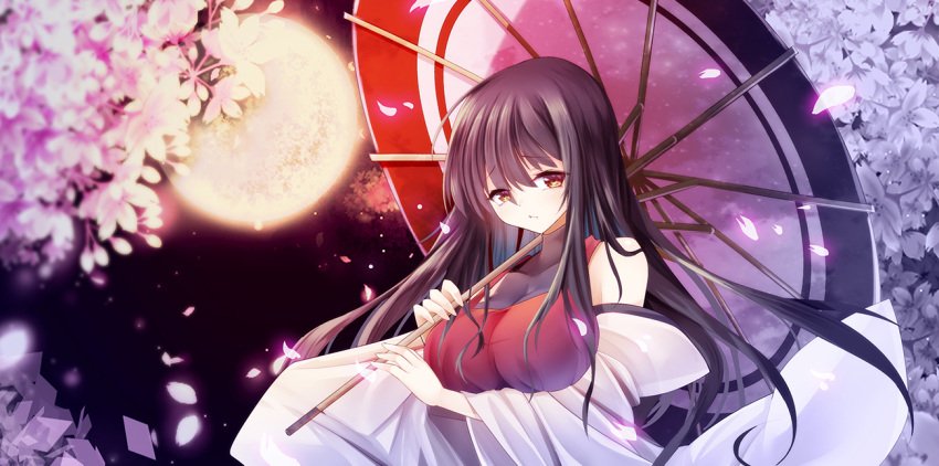 1girl bangs bare_shoulders black_leotard breasts brown_hair cherry_blossoms cleavage closed_mouth collarbone detached_sleeves eyebrows_visible_through_hair eyes_visible_through_hair fingernails full_moon holding holding_umbrella japanese_clothes large_breasts leotard long_hair long_sleeves looking_at_viewer m.u.g.e.n moon night nontraditional_miko oriental_umbrella petals sendai_hakurei_no_miko solo touhou umbrella undershirt upper_body very_long_hair wide_sleeves yellow_eyes z.o.b
