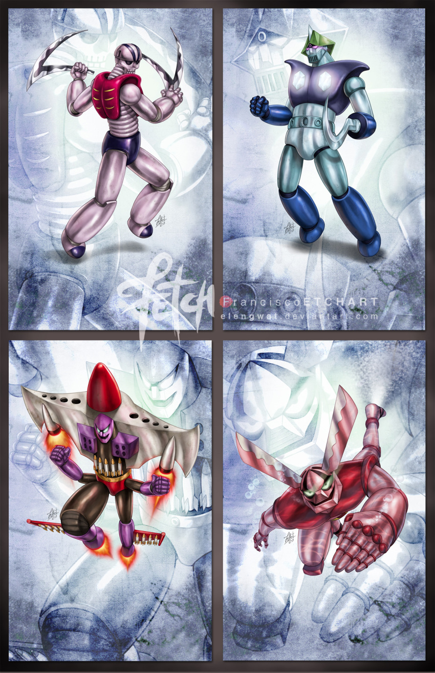 blade bomb bubble card card_game diamond flying franciscoetchart garada_k7 glossam_x2 highres hook_hand looking_at_viewer mazinger_z mecha missile robot rocket_launcher science_fiction signature skull spikes swimming tagme watermark weapon
