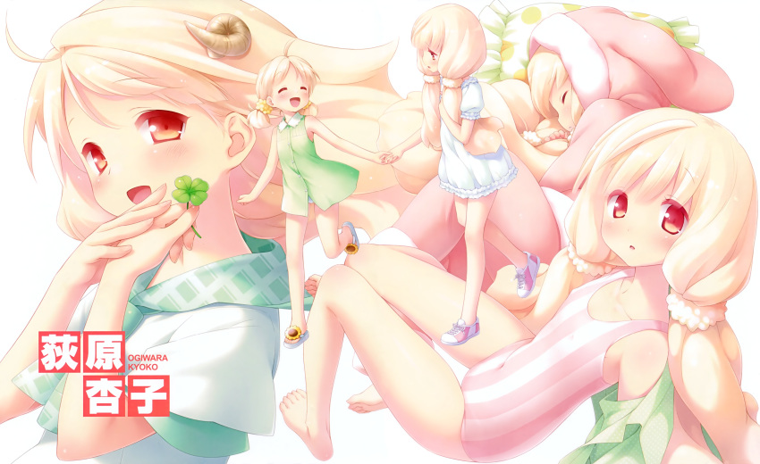1girl absurdres blonde_hair blush cafe_sourire closed_eyes clover dress four-leaf_clover gayarou highres knees_together_feet_apart long_hair looking_at_viewer ogiwara_kyouko open_mouth red_eyes school_uniform simple_background sleeping solo striped striped_swimsuit swimsuit twintails white_background