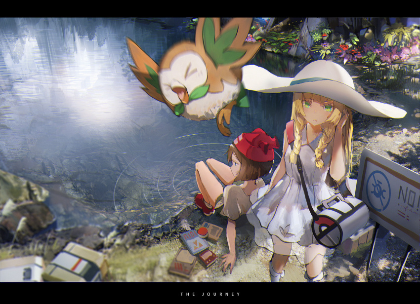 2girls bag bangs beanie blonde_hair blue_eyes blunt_bangs blurry book braid brown_hair day depth_of_field dress duffel_bag female_protagonist_(pokemon_sm) from_above frown green_eyes hair_tucking hand_up hat highres legs_together letterboxed lillie_(pokemon) long_hair looking_at_viewer looking_to_the_side magnemite multiple_girls novelance outdoors plant poke_ball pokemon pokemon_(game) pokemon_sm pond reflection ripples rowlet shirt shoes short_hair shorts sign sitting sneakers standing sun_hat sundress white_dress white_shirt
