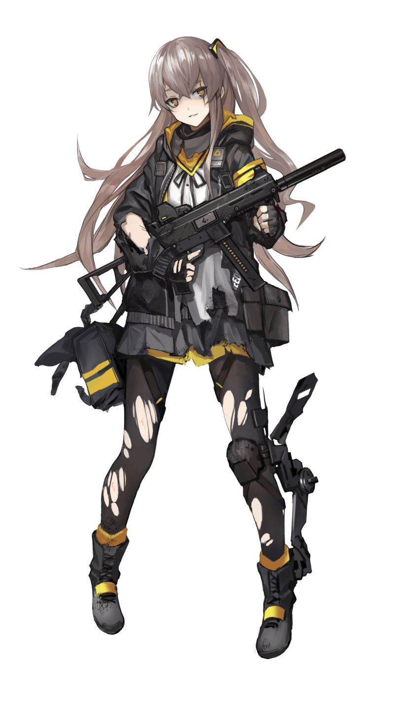 1girl absurdres ammunition_pouch armband black_gloves black_jacket black_legwear black_ribbon brown_eyes fingerless_gloves full_body girls_frontline gloves gun h&amp;k_ump h&amp;k_ump45 hair_ornament heckler_&amp;_koch highres holding holding_gun holding_weapon holster hood hooded_jacket jacket long_hair looking_at_viewer official_art ribbon scar scar_across_eye scarf shaded_face side_ponytail silver_hair skirt smirk solo standing strap submachine_gun suppressor thigh-highs thigh_strap torn_clothes torn_thighhighs transparent_background trigger_discipline ump45_(girls_frontline) weapon