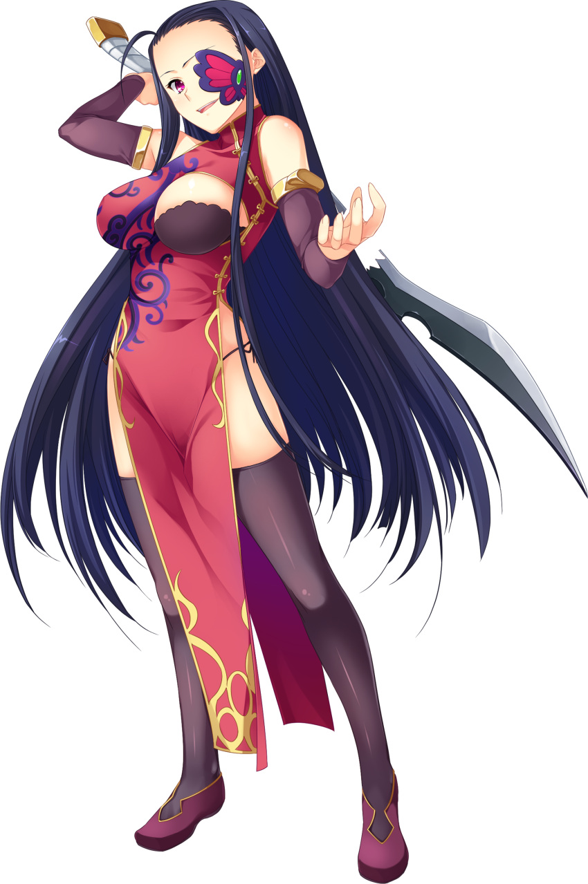 1girl absurdres artist_request bare_shoulders black_hair black_legwear breasts china_dress chinese_clothes dress elbow_gloves eyepatch full_body gloves highres holding holding_weapon kakouton koihime_musou large_breasts long_hair looking_at_viewer open_mouth panties pelvic_curtain shoes side-tie_panties smile solo standing sword transparent_background underwear violet_eyes weapon