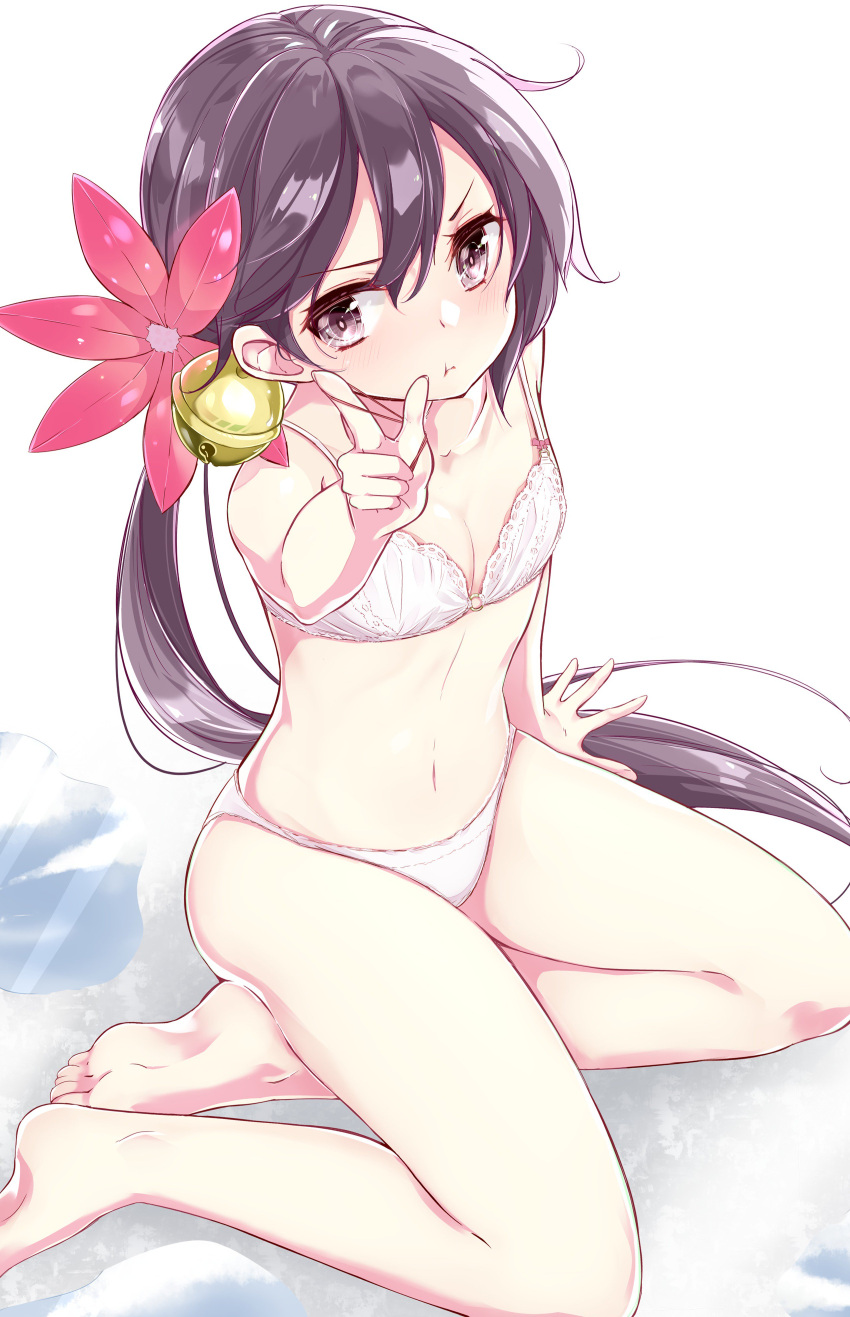 1girl :t absurdres akebono_(kantai_collection) arm_support barefoot bell blouse bra breasts feet flower hair_bell hair_flower hair_ornament highres kantai_collection kengorou_saemon_ii_sei looking_at_viewer navel panties pointing ponytail pout purple_hair simple_background sitting small_breasts soles solo toes underwear underwear_only violet_eyes wet white_blouse white_bra white_panties yokozuwari