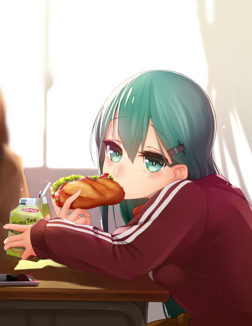 1girl alternate_costume aqua_eyes aqua_hair blush bright_background cellphone commentary_request desk drinking_straw food hair_between_eyes hair_ornament hairclip highres holding holding_food jacket kantai_collection lipton long_hair long_sleeves looking_at_viewer phone school_uniform sitting smartphone suginoji suzuya_(kantai_collection) track_jacket track_suit window