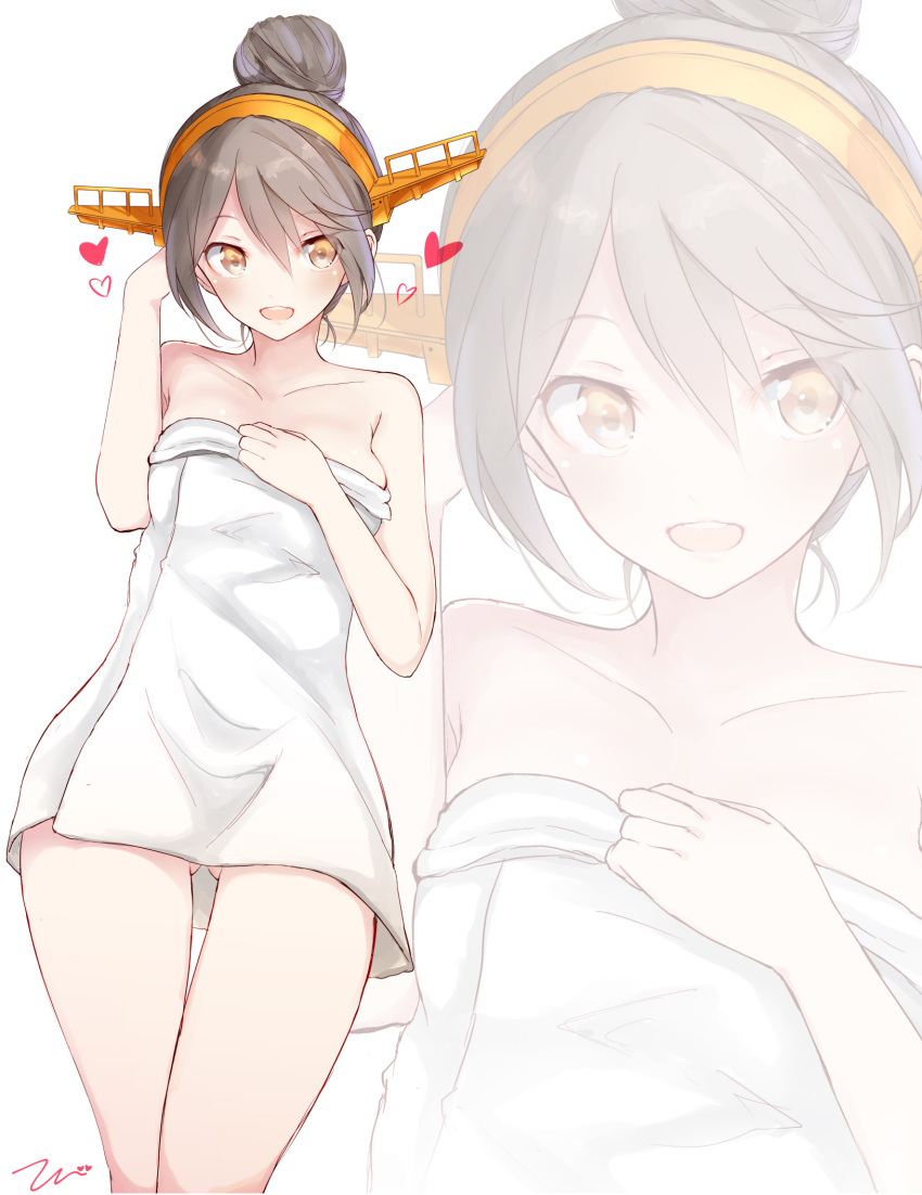 1girl alternate_costume alternate_hairstyle bare_arms bare_shoulders black_hair gluteal_fold hair_between_eyes hair_bun hairband haruna_(kantai_collection) heart highres kantai_collection looking_to_the_side naked_towel open_mouth solo tebi_(tbd11) thigh_gap towel yellow_eyes zoom_layer