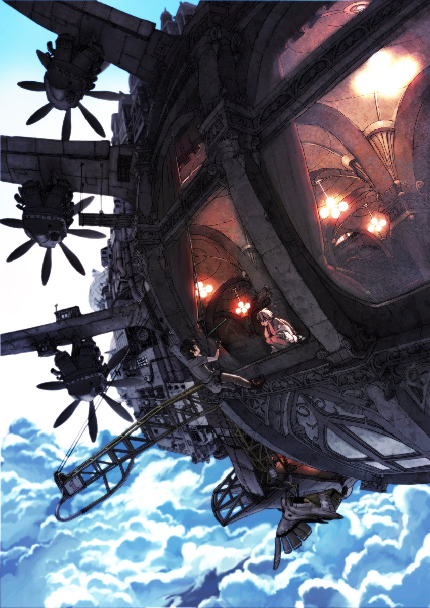 2boys airship architecture clouds cloudy_sky flying gloves highres light looking_at_another multiple_boys original propeller rias-coast rope short_hair sky squatting