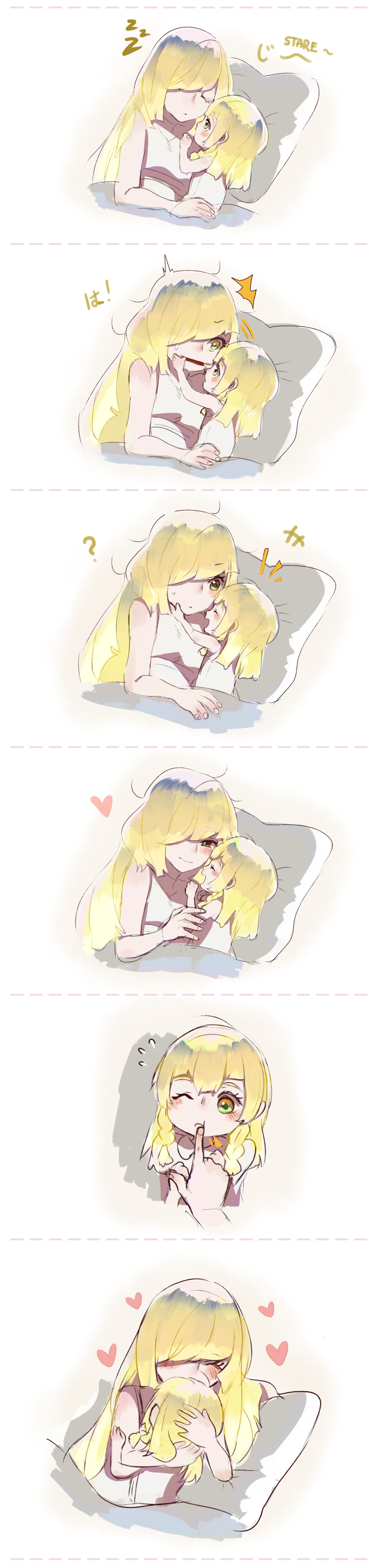 2girls absurdres bare_shoulders blonde_hair blush closed_eyes comic dress finger_to_another's_mouth green_eyes hair_over_one_eye heart highres hug lillie_(pokemon) long_hair long_image lusamine_(pokemon) mother_and_daughter multiple_girls nabeicat open_mouth pokemon pokemon_(game) pokemon_sm silent_comic sleeping smile spoilers tall_image very_long_hair white_dress younger