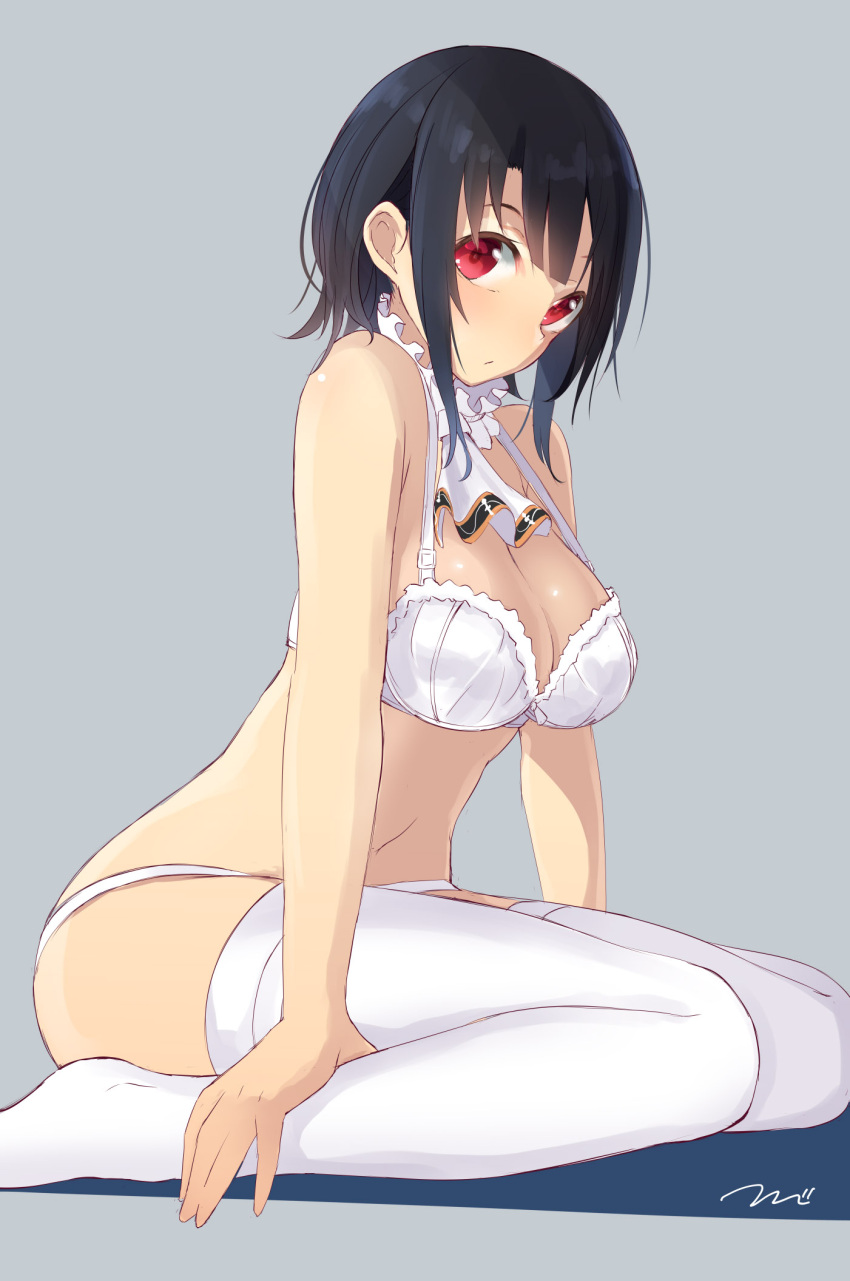 1girl alternate_costume black_hair blush bra breasts choker cleavage commentary_request eyebrows frilled_bra frilled_choker frills grey_background highres kantai_collection large_breasts looking_at_viewer no_hat no_headwear panties red_eyes shiny shiny_skin short_hair simple_background sitting solo takao_(kantai_collection) tebi_(tbd11) thigh-highs underwear wariza white_bra white_legwear white_panties