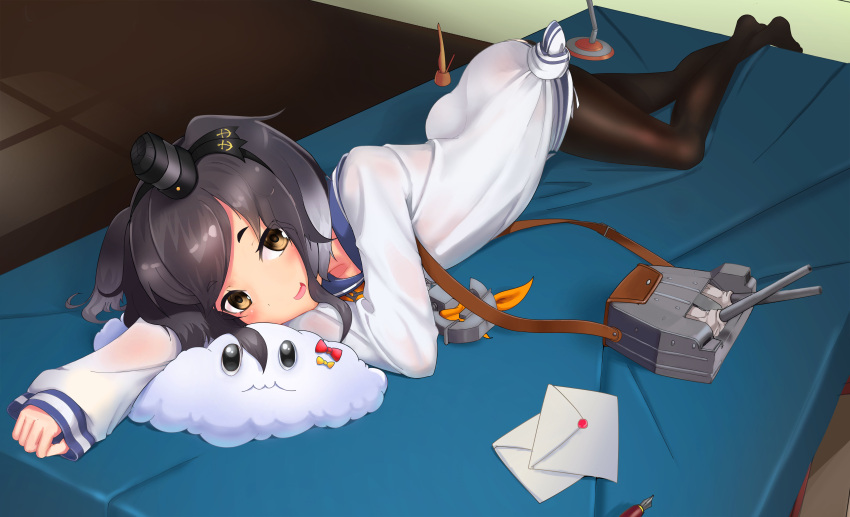 1girl :d absurdres black_legwear brown_eyes desk desk_lamp gradient_hair grey_hair hairband highres jiguang_zhi_aoluola kantai_collection lamp letter looking_at_viewer lying machinery miss_cloud multicolored_hair on_desk on_stomach open_mouth pantyhose pen pillow school_uniform serafuku smile solo tokitsukaze_(kantai_collection) turret two_side_up