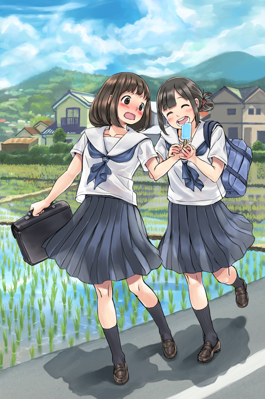 2girls absurdres anyasu bag bangs_pinned_back blush brown_eyes brown_hair closed_eyes commentary food hand_grab highres ice_cream multiple_girls rural school_bag school_briefcase school_uniform short_hair wavy_mouth yuri