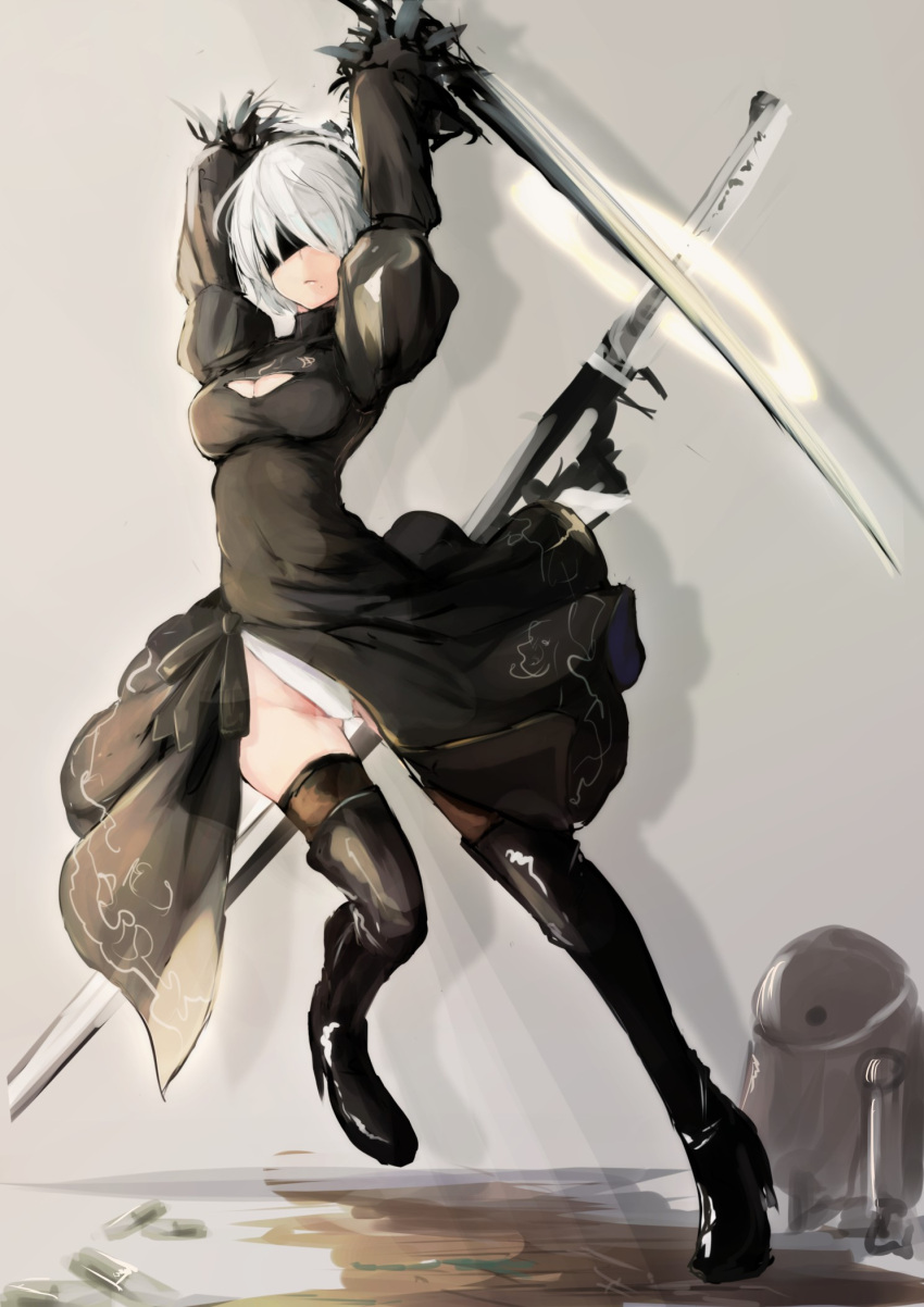 1girl android bangs black_boots black_dress black_legwear blindfold boots breasts cleavage cleavage_cutout closed_mouth covered_navel dress full_body hairband highleg highleg_panties highres holding holding_sword holding_weapon homo_1121 juliet_sleeves long_sleeves looking_at_viewer mole mole_under_mouth nier_(series) nier_automata panties puffy_sleeves short_hair small_breasts solo sword thigh-highs thigh_boots underwear weapon white_hair white_panties yorha_unit_no._2_type_b