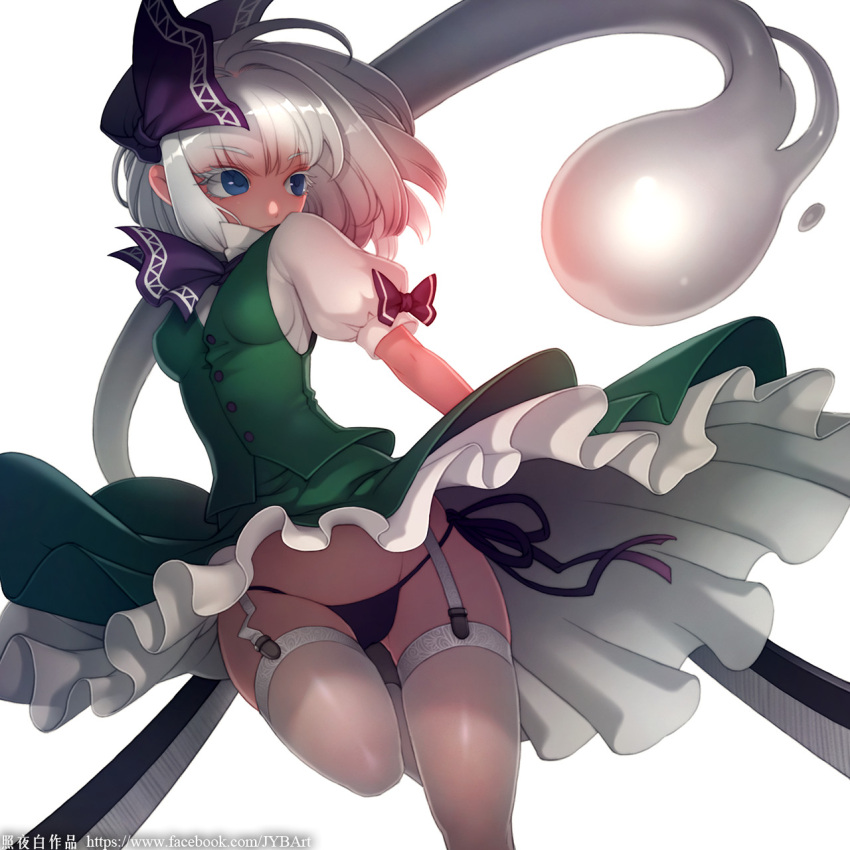 1girl artist_name black_panties black_ribbon blue_eyes bow bowtie breasts buttons closed_mouth collared_shirt colored_eyelashes cowboy_shot dress dress_shirt dual_wielding eyelashes frilled_skirt frills garter_belt garter_straps ghost gluteal_fold green_dress green_skirt green_vest groin hair_ribbon hairband highres hitodama holding holding_sword holding_weapon katana konpaku_youmu konpaku_youmu_(ghost) lace lace-trimmed_thighhighs leg_up looking_away panties pantyshot pantyshot_(standing) puffy_short_sleeves puffy_sleeves ribbon shirt short_hair short_sleeves side-tie_panties silver_hair skirt skirt_set skirt_up small_breasts solo standing standing_on_one_leg sword thigh-highs touhou tsurime underwear vest weapon white_legwear white_shirt zhaoyebai