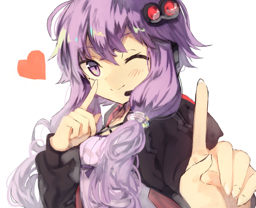 1girl bei_mochi blush dress hair_between_eyes hair_ornament hairpin heart highres hood hood_down hooded_jacket hoodie index_finger_raised jacket koi_dance looking_at_viewer low_twintails microphone one_eye_closed open_clothes open_hoodie open_jacket purple_dress purple_hair short_hair_with_long_locks smile solo twintails upper_body violet_eyes vocaloid voiceroid yuzuki_yukari