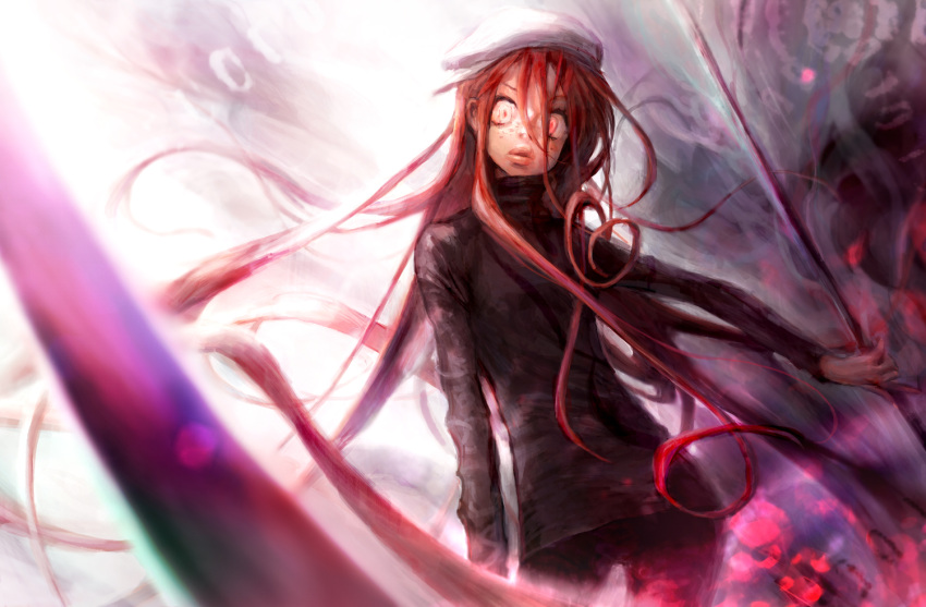1girl cowboy_shot freckles hat holding holding_weapon hunter_x_hunter kite_(chimera_ant)_(hunter_x_hunter) lips long_hair looking_at_viewer red_eyes redhead scythe spoilers turtleneck very_long_hair weapon yonsang21