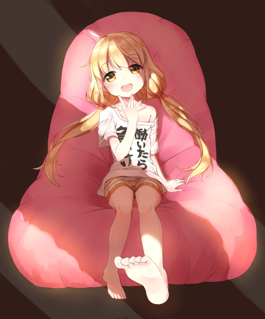 1girl :d absurdres bare_shoulders barefoot blonde_hair eyebrows_visible_through_hair feet futaba_anzu highres idolmaster idolmaster_cinderella_girls long_hair looking_at_viewer mk82_(hoonsyh) off_shoulder open_mouth shirt short_sleeves sitting smile soles solo t-shirt toes twintails yellow_eyes you_work_you_lose