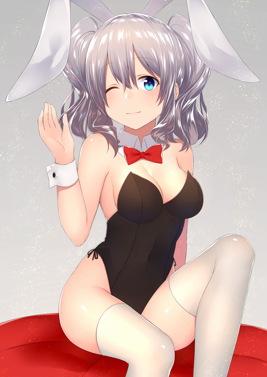 1girl absurdres akky_(akimi1127) alternate_costume animal_ears arm_support bare_shoulders black_leotard blue_eyes breasts bunny_girl bunnysuit cleavage collarbone cushion detached_collar eyebrows_visible_through_hair hair_between_eyes highleg highleg_leotard highres kantai_collection kashima_(kantai_collection) leotard long_hair looking_at_viewer medium_breasts neck_ribbon off_shoulder one_eye_closed rabbit_ears ribbon shiny shiny_clothes silver_hair sitting smile thigh-highs twintails white_legwear