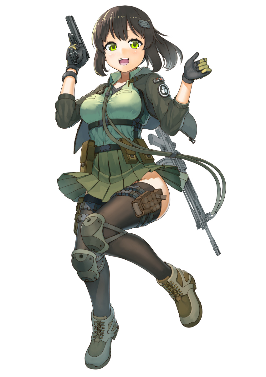1girl :d absurdres ammunition_belt assault_rifle black_gloves black_legwear boots breasts collarbone collared_shirt cross-laced_footwear eyebrows_visible_through_hair full_body gloves green_eyes green_shirt green_skirt gun hair_ornament handgun highres holding holding_gun holding_weapon holster knee_pads leg_up looking_at_viewer medium_breasts open_mouth original pistol pleated_skirt rifle shiono_fuyu shirt simple_background skirt smile solo thigh-highs trigger_discipline weapon weapon_request white_background wing_collar