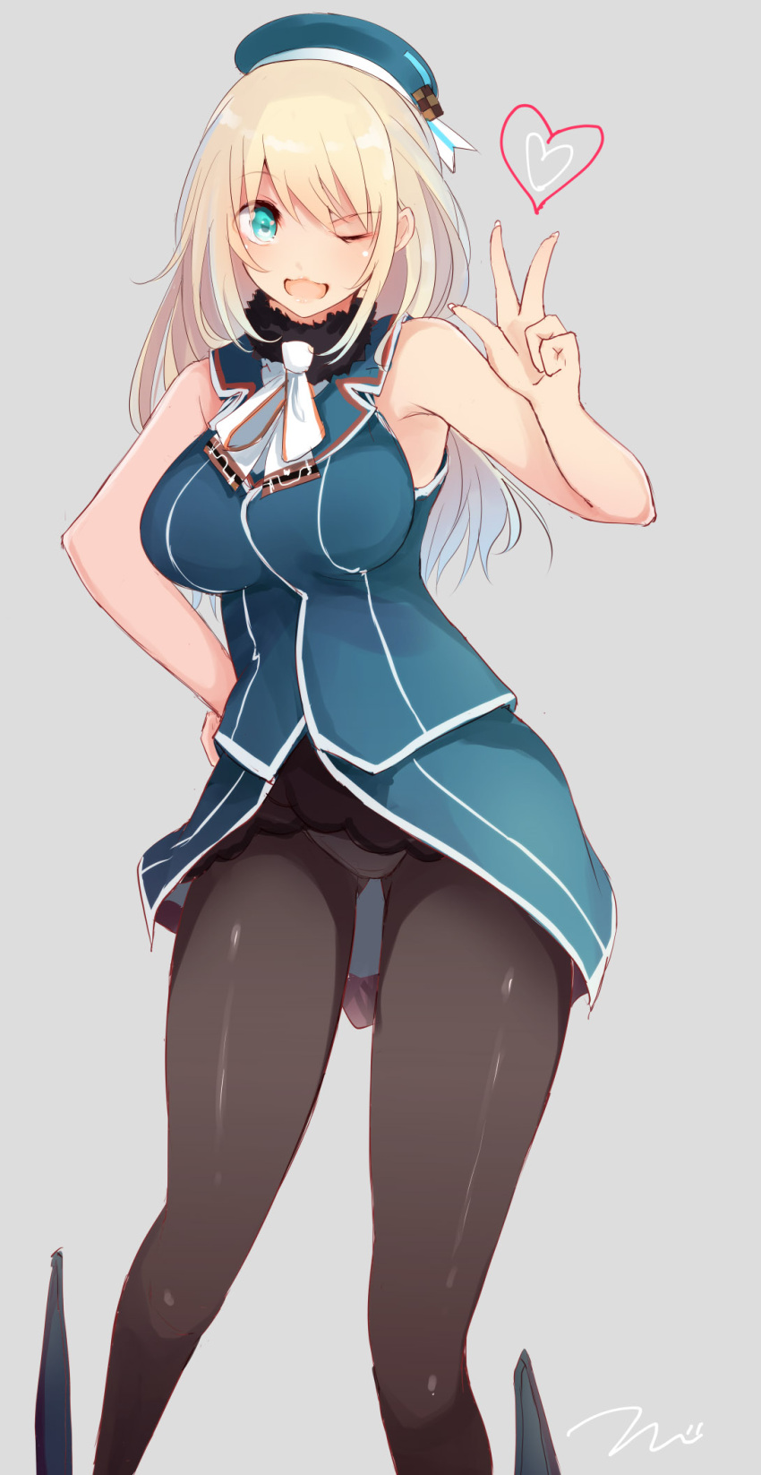1girl atago_(kantai_collection) bare_arms bare_shoulders beret black_legwear blonde_hair blue_eyes breasts commentary_request grey_background hand_on_hip hand_up hat heart highres kantai_collection large_breasts long_hair looking_at_viewer one_eye_closed open_mouth panties panties_under_pantyhose pantyhose short_sleeves simple_background solo standing tebi_(tbd11) underwear