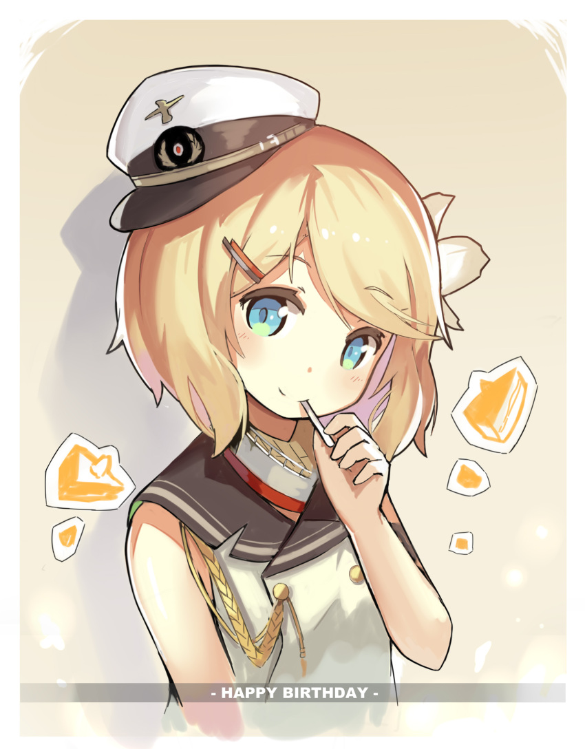 1girl aiguillette armband blonde_hair blue_eyes blush buttons cake closed_mouth double-breasted eyebrows_visible_through_hair food hair_ornament hairclip happy_birthday hat highres jacket lino-lin looking_at_viewer military military_hat military_uniform peaked_cap sailor_collar simple_background sleeveless smile solo text uniform upper_body white_hat white_jacket z16_friedrich_eckoldt_(zhan_jian_shao_nyu) zhan_jian_shao_nyu