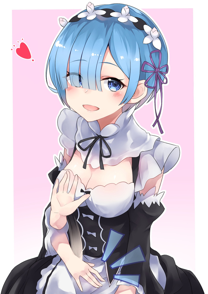 1girl 28aarts :d blue_eyes blue_hair blush breasts cleavage collar detached_collar detached_sleeves eyebrows_visible_through_hair eyes_visible_through_hair flower frilled_collar frilled_sleeves frills gradient gradient_background hair_flower hair_ornament hair_over_one_eye hair_ribbon heart highres large_breasts maid maid_headdress medium_breasts open_mouth patting patting_lap pink_background puffy_sleeves purple_ribbon re:zero_kara_hajimeru_isekai_seikatsu rem_(re:zero) ribbon short_hair smile solo white_background white_flower