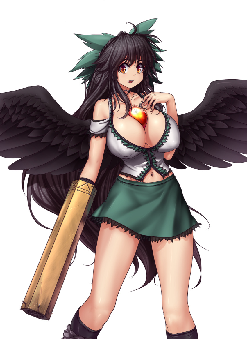1girl :d arm_cannon bare_shoulders between_breasts black_hair black_wings bow breasts cleavage collarbone cowboy_shot feathered_wings green_skirt hair_bow hand_on_own_chest hater_(hatater) highres huge_breasts long_hair looking_at_viewer midriff navel navel_piercing open_mouth piercing red_eyes reiuji_utsuho simple_background skirt smile solo third_eye touhou very_long_hair weapon white_background wings