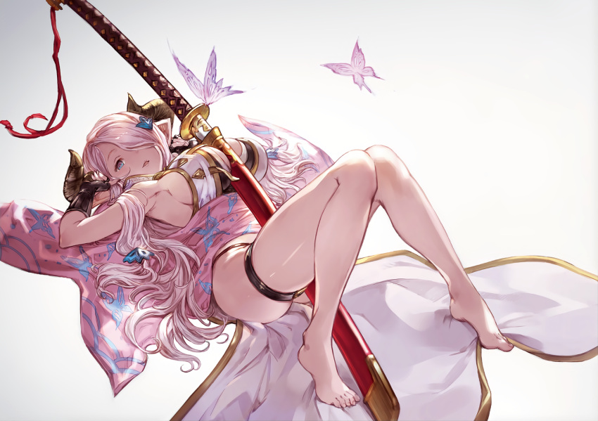 1girl artist_request bare_legs barefoot between_breasts between_thighs black_gloves black_panties blue_eyes breasts butterfly doraf fingerless_gloves full_body gloves gradient gradient_background granblue_fantasy hair_ornament hair_over_one_eye hair_over_shoulder hairclip highres horns huge_breasts long_hair looking_at_viewer lying narumeia_(granblue_fantasy) no_pants on_back ootachi open_mouth panties pink_hair sideboob simple_background smile solo thigh_strap underwear